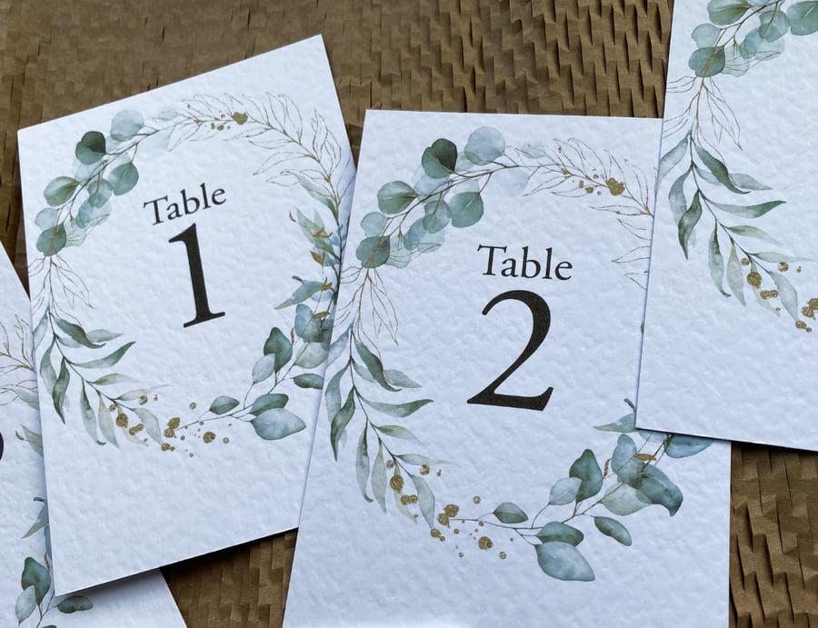 Eucalyptus foliage wreath TABLE NUMBERS golden leaves rustic wedding A6 card