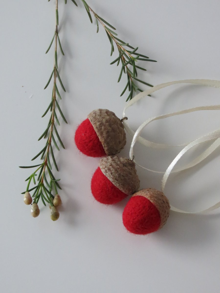 Set of 3 Needle Felted Acorns (Small) Hanging Decorations