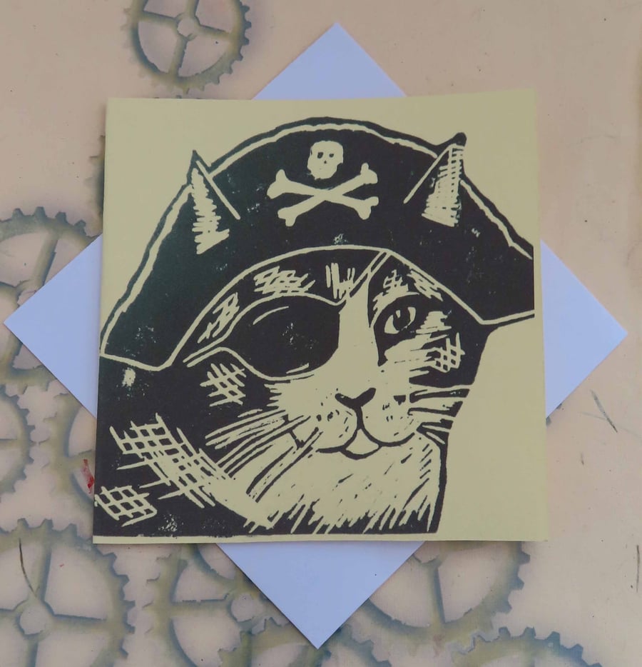 Pirate Cat Art Greeting Card From Original Lino Cut Print Cream