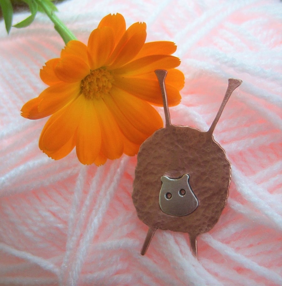 Copper sheep brooch with knitting needles