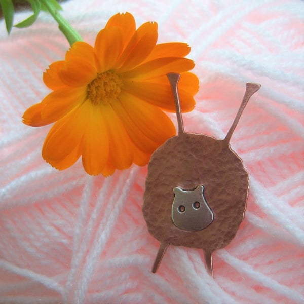 Copper sheep brooch with knitting needles