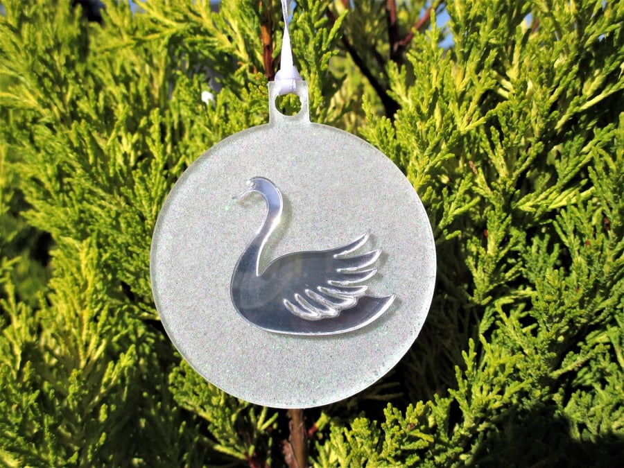 Swan Christmas Tree Bauble Hanging Decoration Silver White Glitter Twinkly