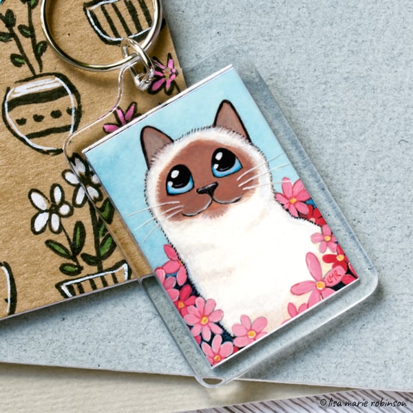 Happy Blue Eyed Cat and Pink Flowers Keyring - Large