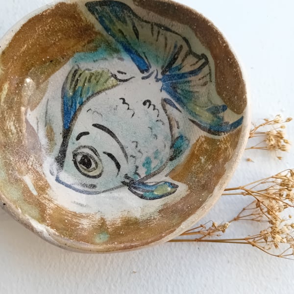 Ceramic trinket dish handpainted rustic earthenware pottery-blue goldfish