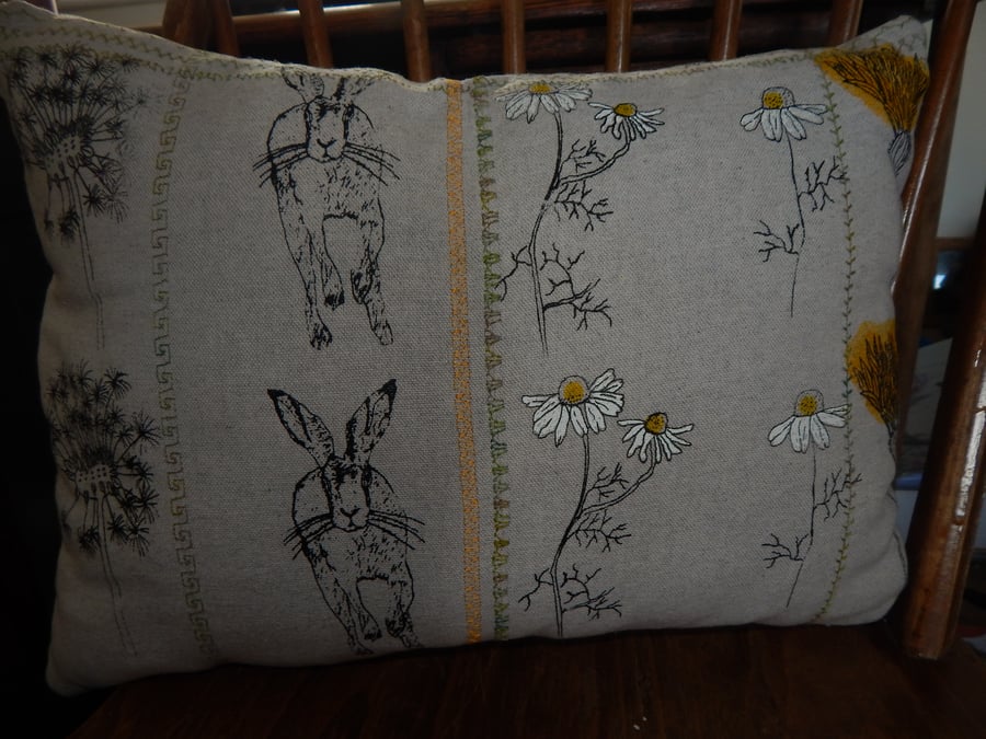 Hare and Daisy screen printed cushion - Yellow and Green 