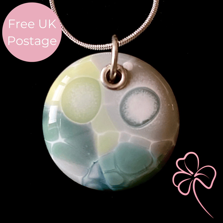 Pastel Green & Grey Bubbles Fused Glass Pendant Necklace 