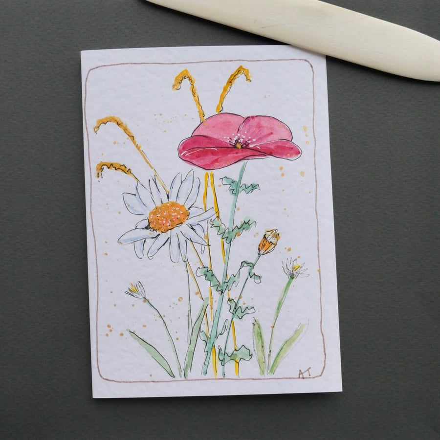 Hand Painted Card - Poppy and Daisy Wildflower Greetings Card with Envelope