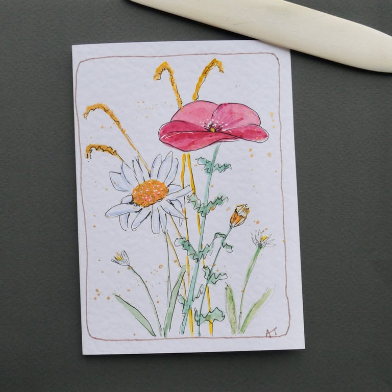 Hand Painted Card - Poppy and Daisy Wildflower Greetings Card with Envelope