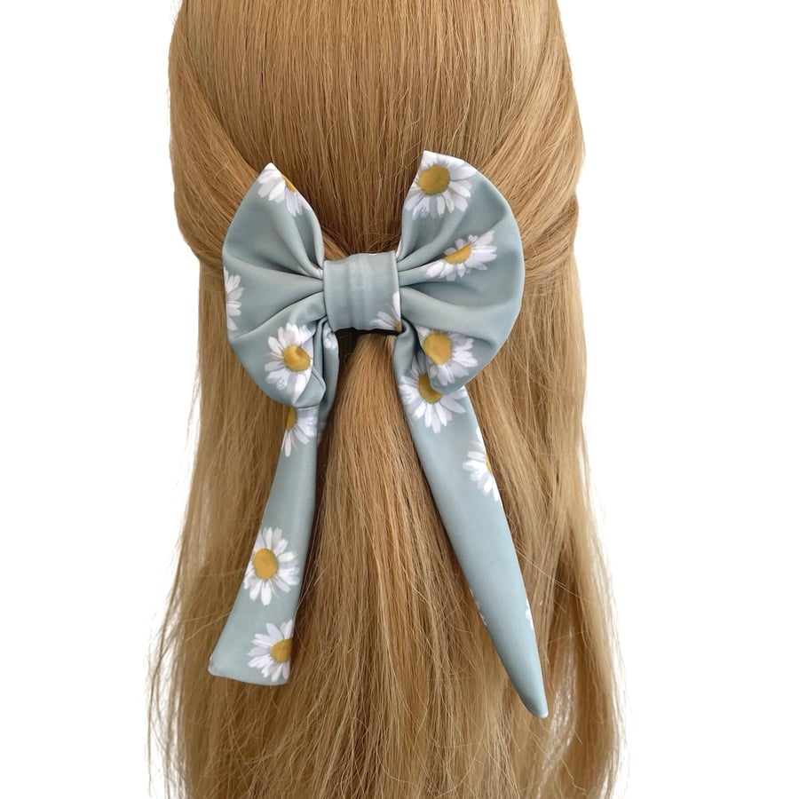 Pastel Mint Daisy Print Long Tail Bow with Alligator Clip for Girls Women Eco