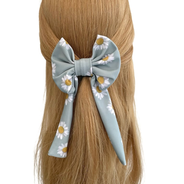 Pastel Mint Daisy Print Long Tail Bow with Alligator Clip for Girls Women Eco