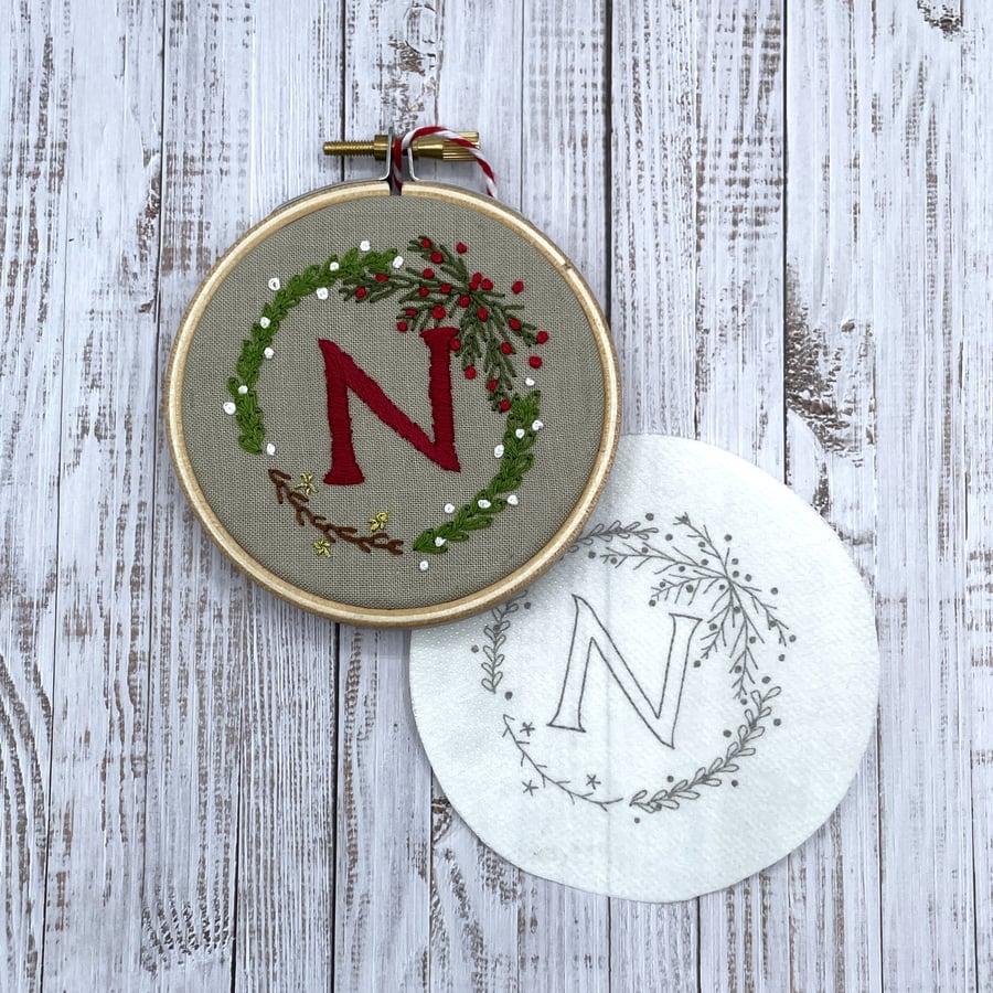 Personalised Christmas decoration. Custom initial on embroidery wreath sticker