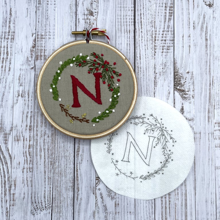 Personalised Christmas decoration. Custom initial on embroidery wreath sticker