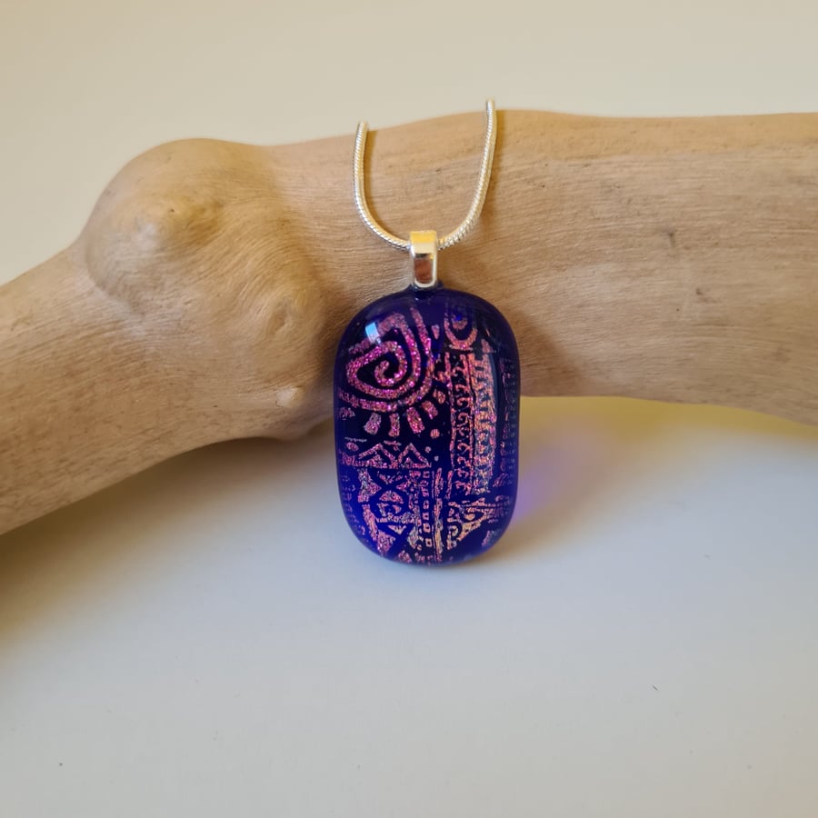 Image of Fused glass blue and pink patterned pendant