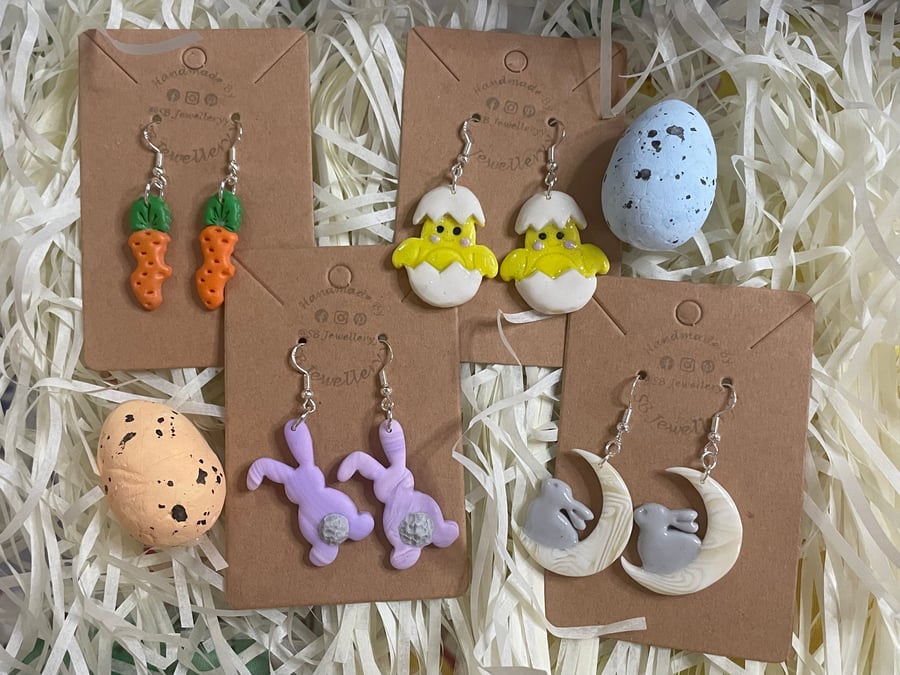 (Clip On Available) Handmade Polymer Clay Easter Earrings 