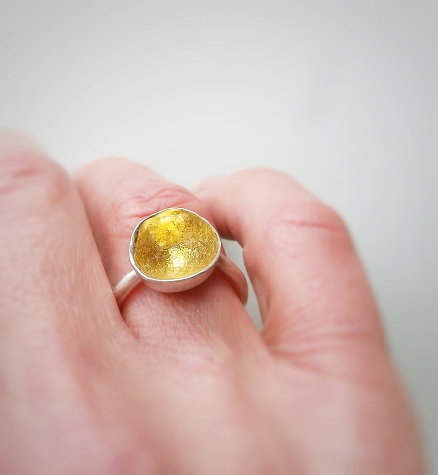 SALE Organic  silver statement ring with 24 ct gold lined cup  