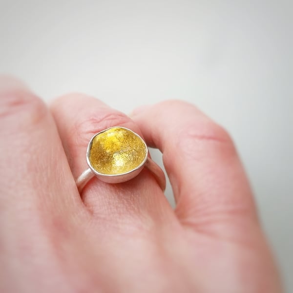 SALE Organic  silver statement ring with 24 ct gold lined cup  