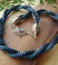 Midnight teal beaded necklace, unusual double spiral sterling silver jewellery - Image 6