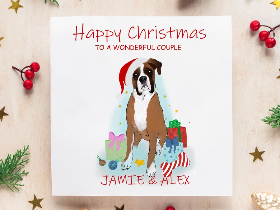 Image of Boxer Dog Christmas Card-Personalised with any names,cute dog Christmas card