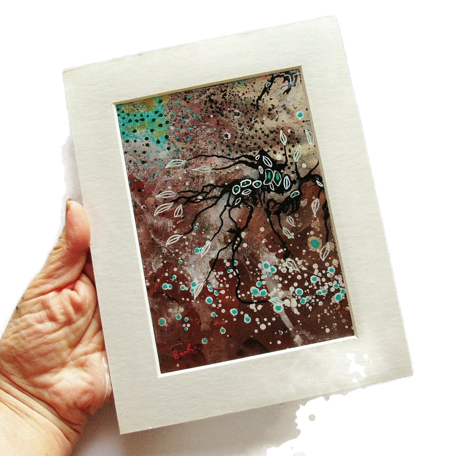 Brown Green Abstract Art Small Hand Painted Mounted Artwork Nature Inspired