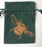 Bronze Bumblebee handprinted green cotton small drawstring gift bag - Image 2