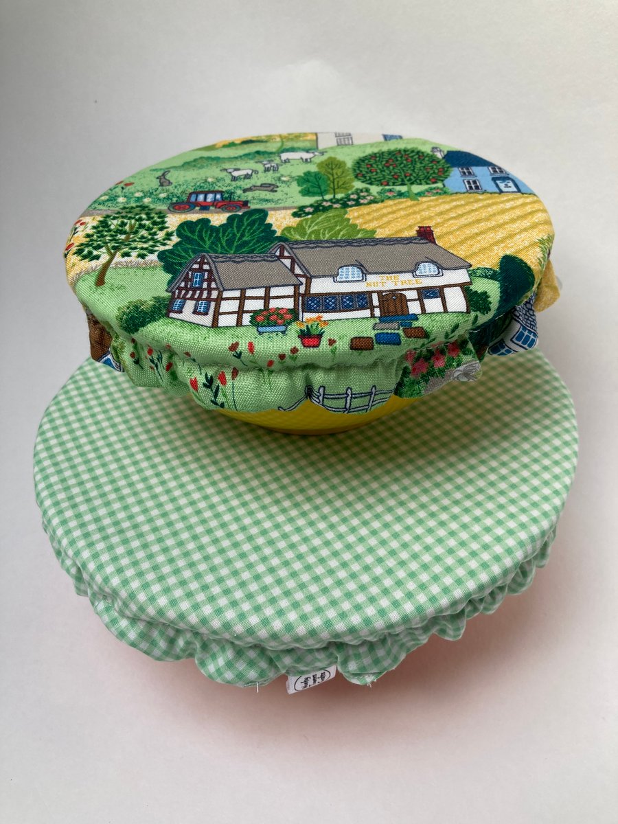 Reusable bowl covers - Medium and small. Green check and farmyard designs.