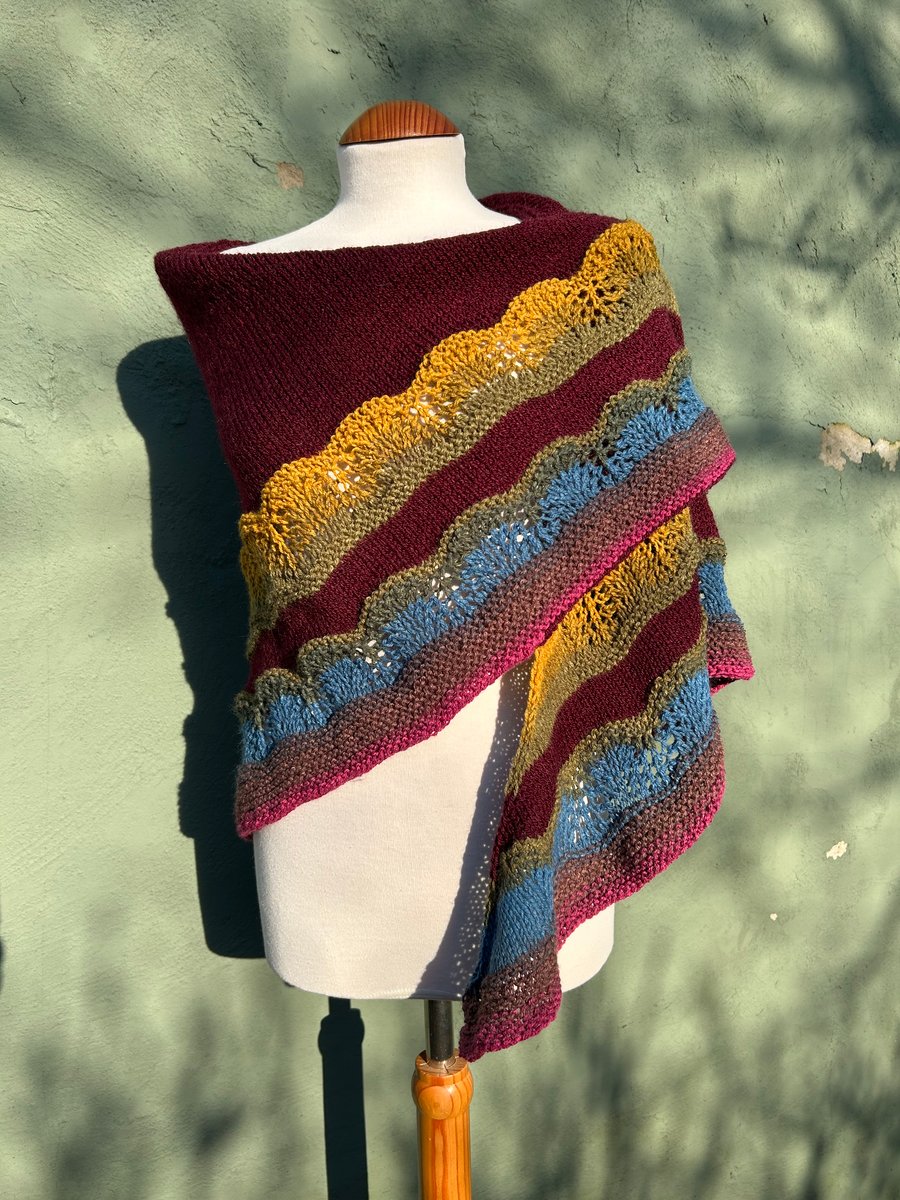 Vegan Yarn Shallow Triangle Handknitted Lace Maroon shawl wrap scarf