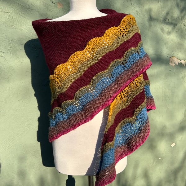 Vegan Yarn Shallow Triangle Handknitted Lace Maroon shawl wrap scarf