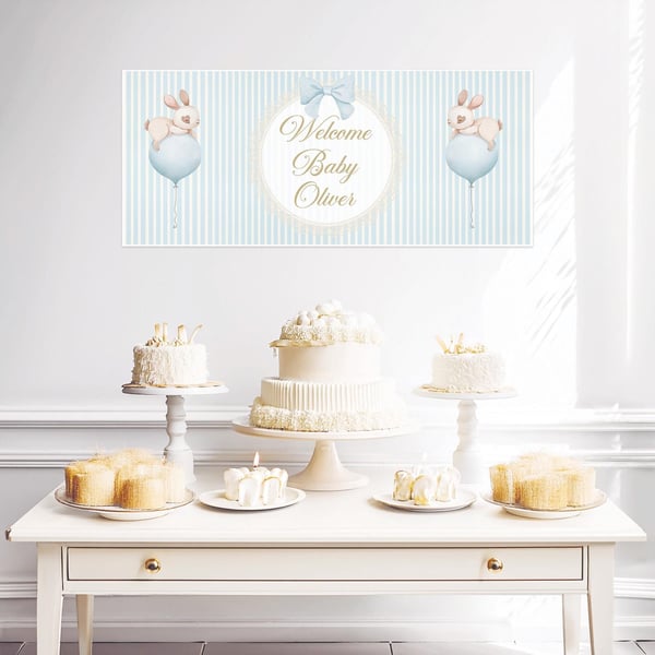 Welcome Baby Boy Personalised Banner in pastel blue, Baby SHower Wall Decor 