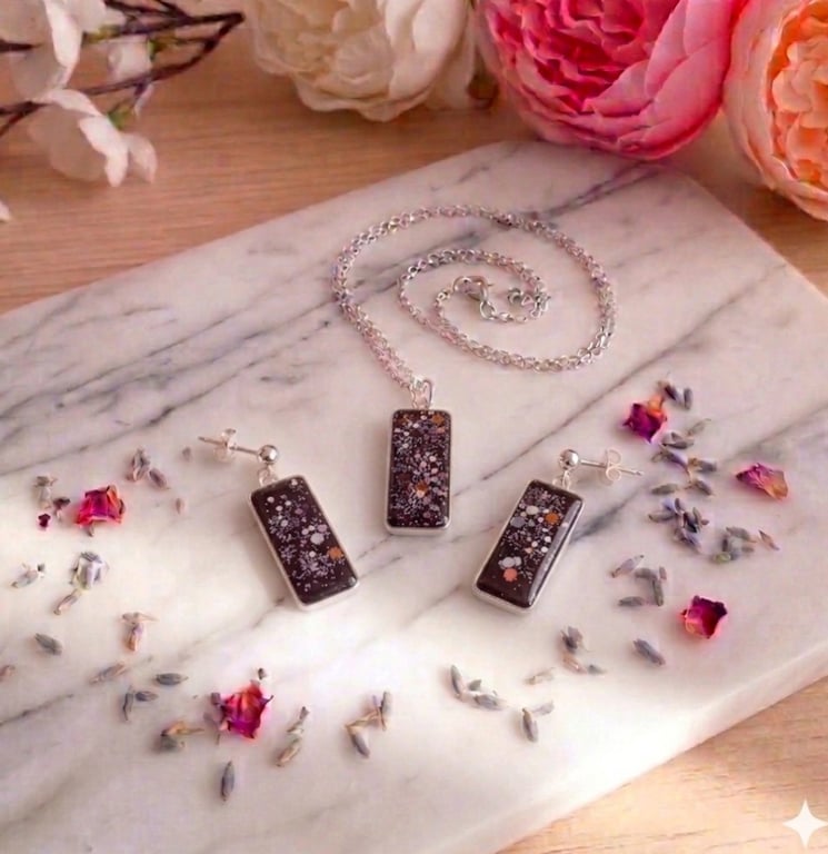Handmade Dark Brown & Multi-Glitter Resin Jewellery Set