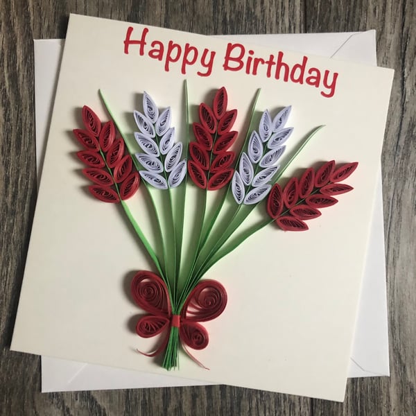 Stunning handmade quilled red flowers card