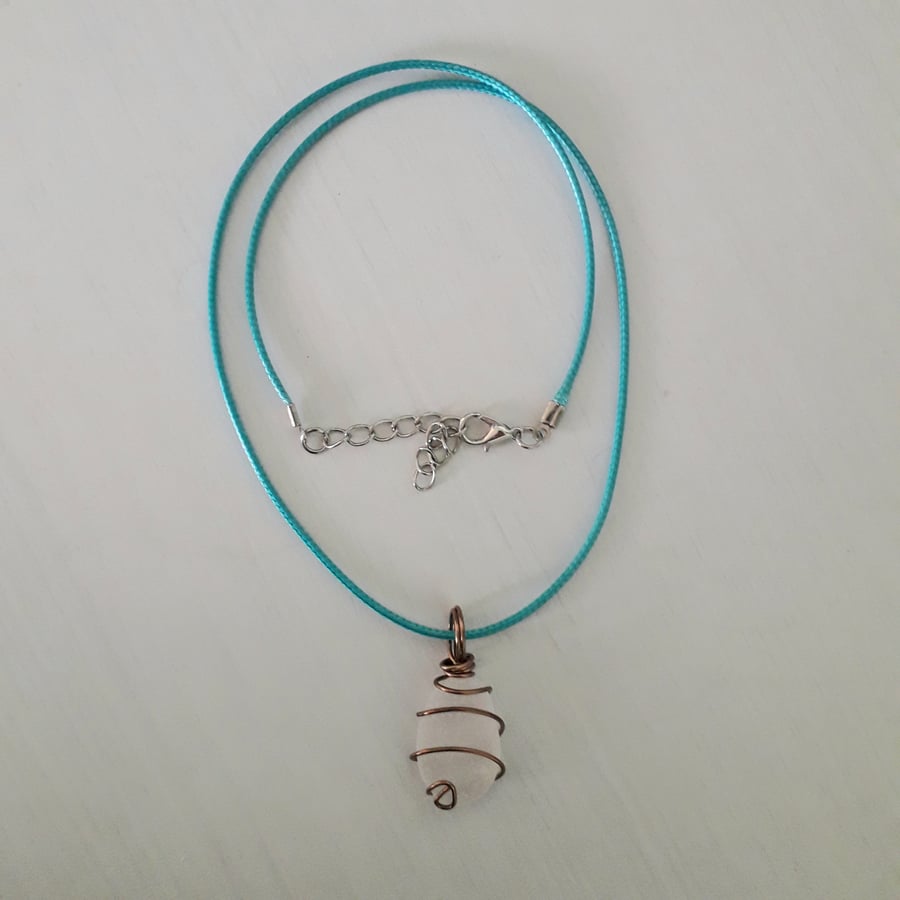 Sea Glass Necklace, White glass pendant bronze wire wrapped, 18" cotton cord