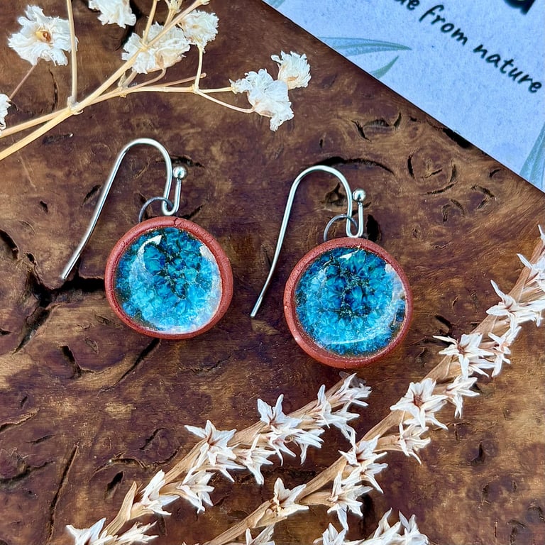Handmade Turquoise Ceramic Earrings UK. Blue Glazed Clay Circle Dangle Pottery E