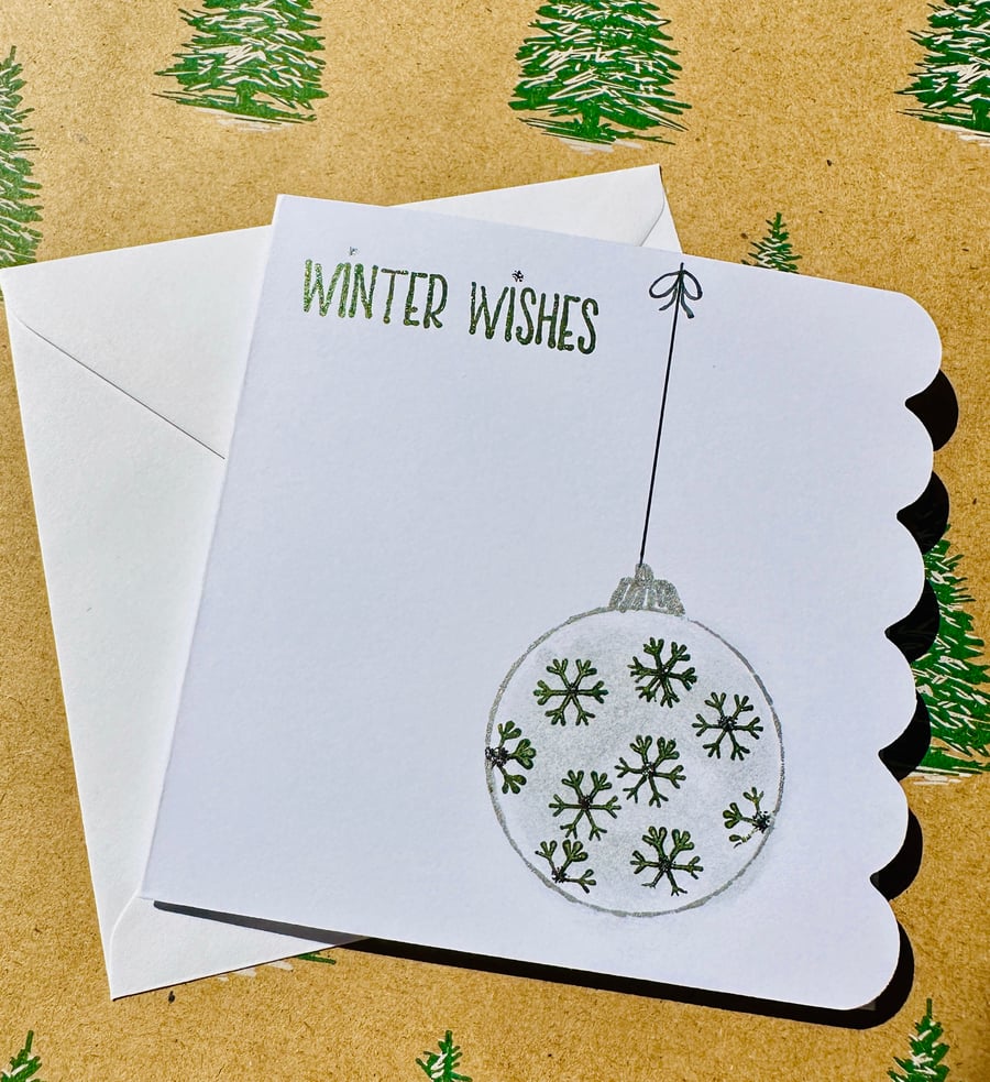 Contemporary Christmas watercolour art card, green and silver bauble snowflakes 
