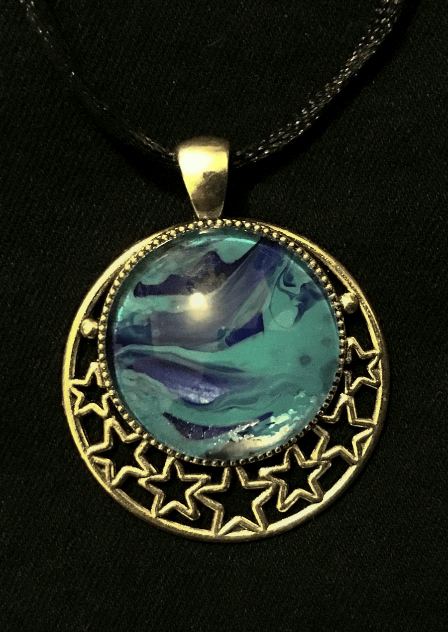 Handmade fluid art stars pendant, blue and green