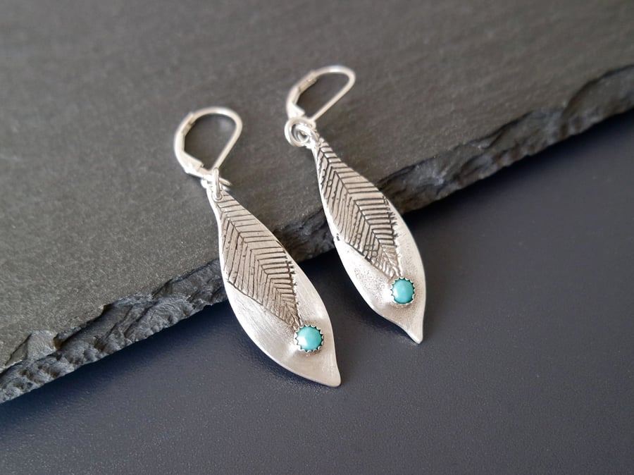 Turquoise Feather Earrings Fine Silver, silver clay, Native American, Arizona