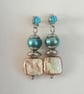 Blue oval & golden square cultured pearl, dangle earrings, cubic zirconia stud - Image 8