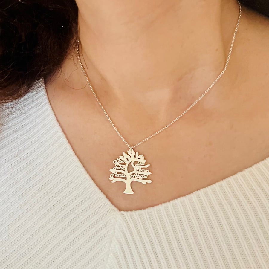 Personalised 925 Sterling Silver Family Tree Name Necklace, 