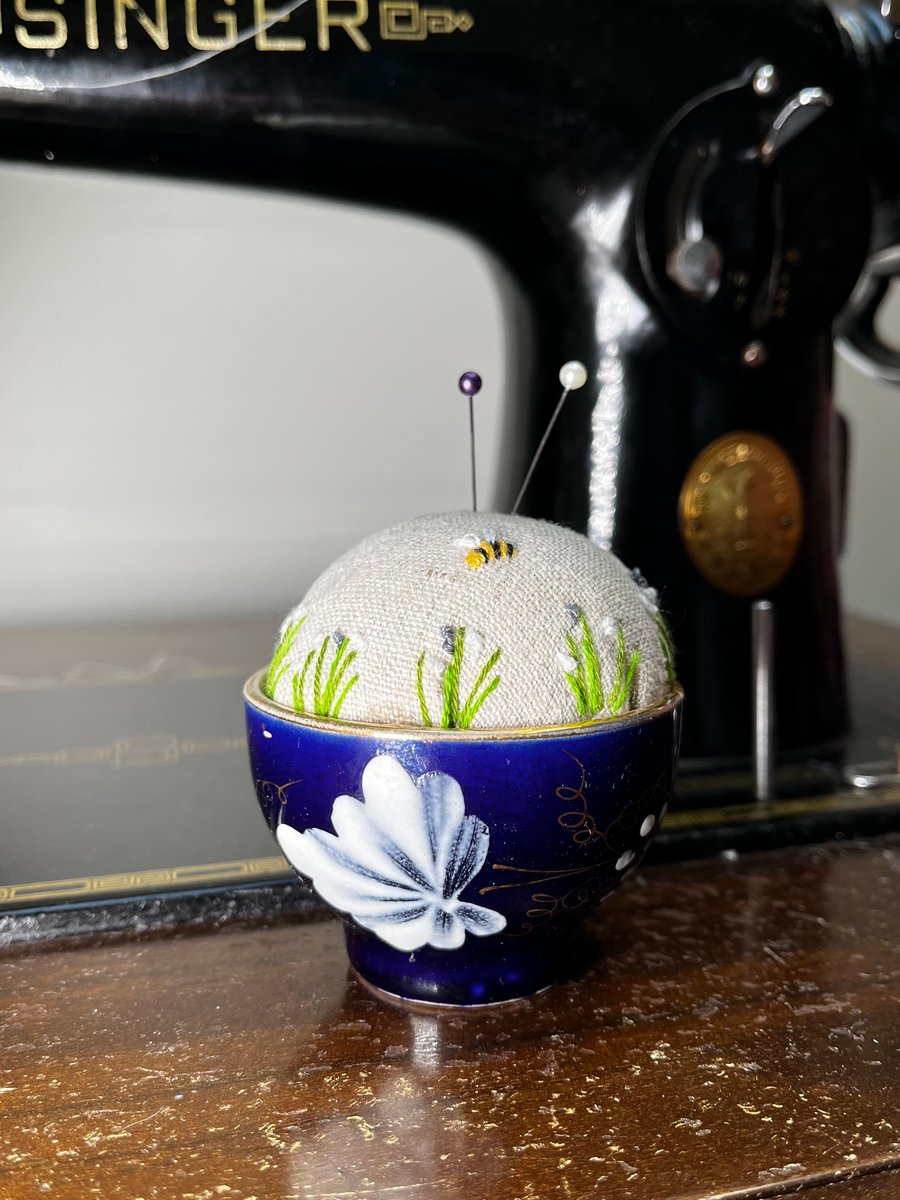 French blue hand painted bowl embroidered pin cushion