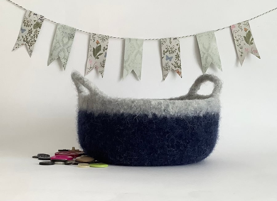 FELTED 'FUSSPOT'  BOWL ,desk tidy. 'Shipshape'  (with handles) Navy Blue , grey.