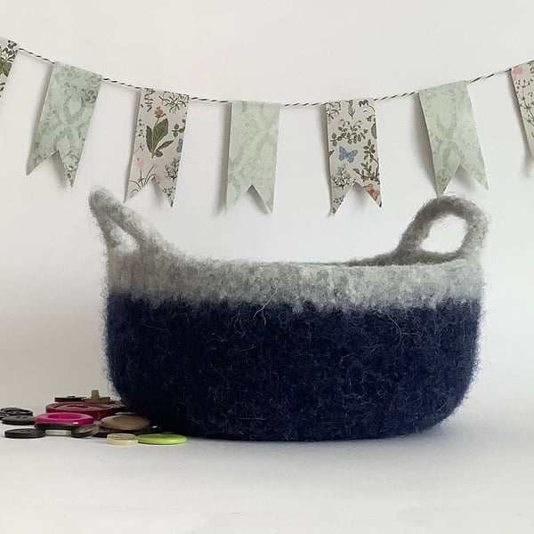 FELTED 'FUSSPOT'  BOWL ,desk tidy. 'Shipshape'  (with handles) Navy Blue , grey.