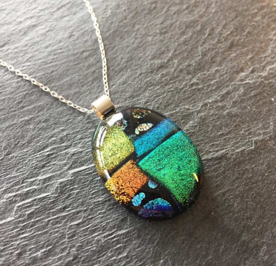 Gold dichroic glass pendant, green fused glass necklace
