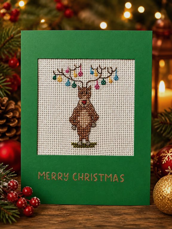 Handmade Cross Stitch Reindeer with Christmas Lights Card – 6 x 4 Inch