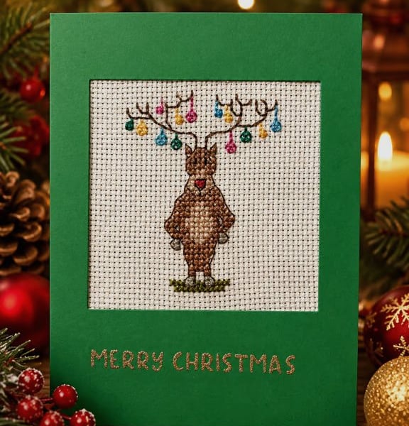 Handmade Cross Stitch Reindeer with Christmas Lights Card – 6 x 4 Inch
