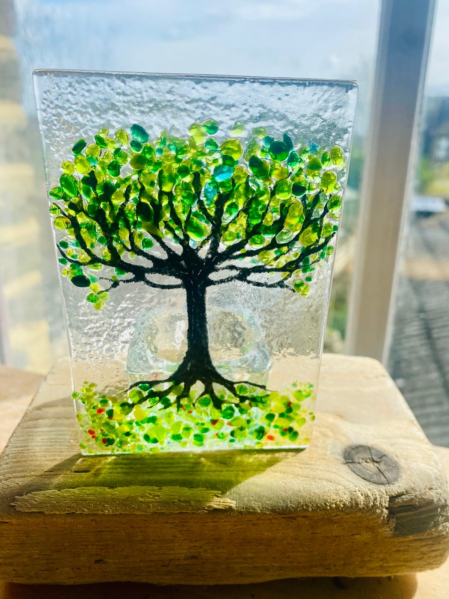 Tree of life fused glass candle tealight holder sun catcher 