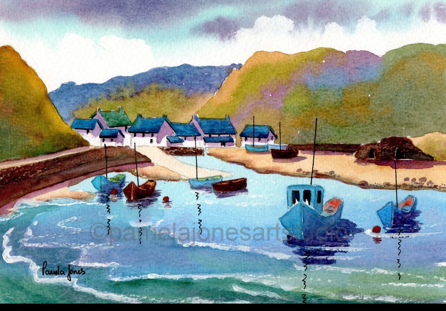 Solva Harbour, Pembrokeshire, Wales, Watercolour Print, in 8 x 6'' mount