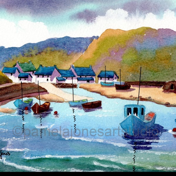 Solva Harbour, Pembrokeshire, Wales, Watercolour Print, in 8 x 6'' mount