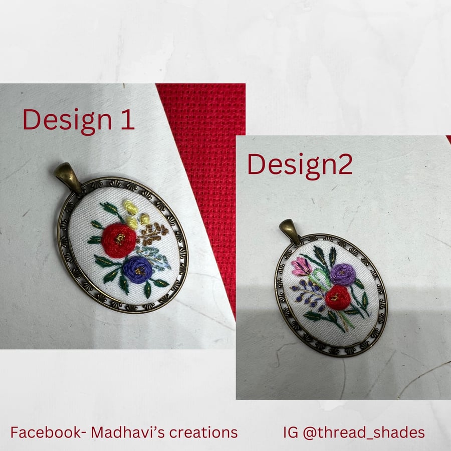 Hand embroidery necklace, hand embroidered pendant, oval shape, bronze settings,