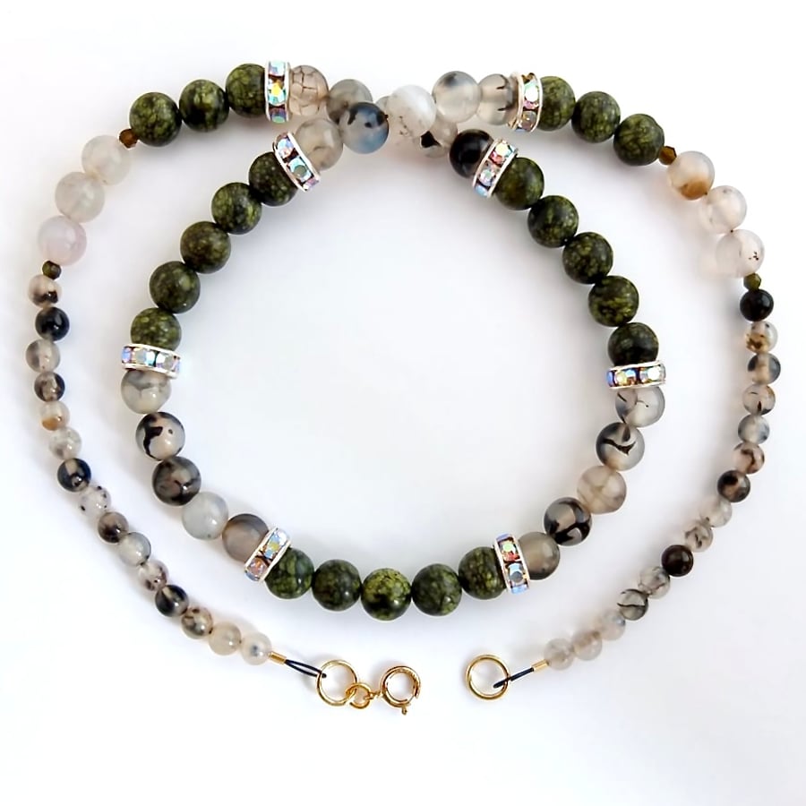 Green Lace Jasper & Dragon Vein Agate Necklace With Rhinestones - Gifts For Her