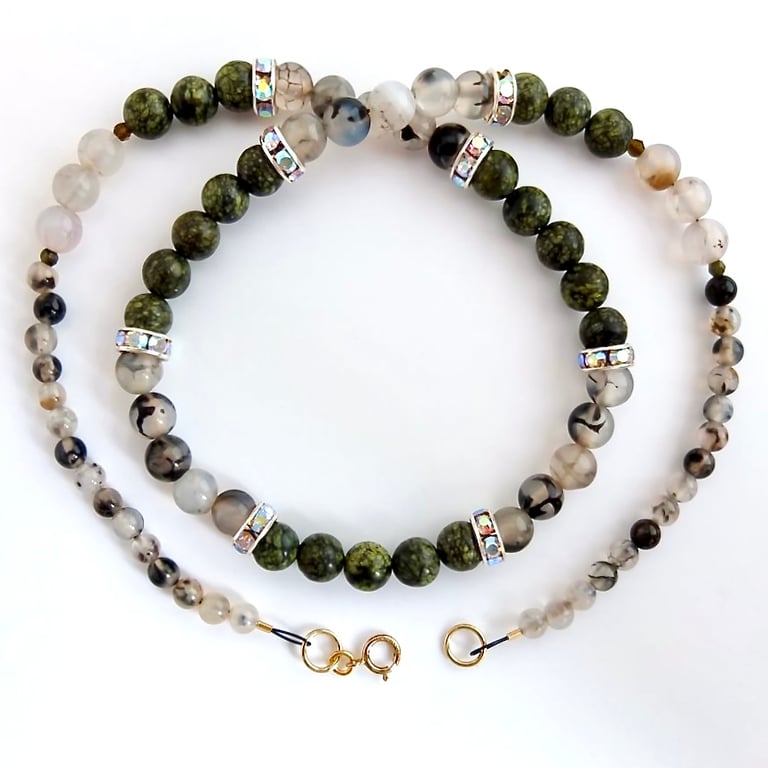 Green Lace Jasper & Dragon Vein Agate Necklace With Rhinestones - Gifts For Her