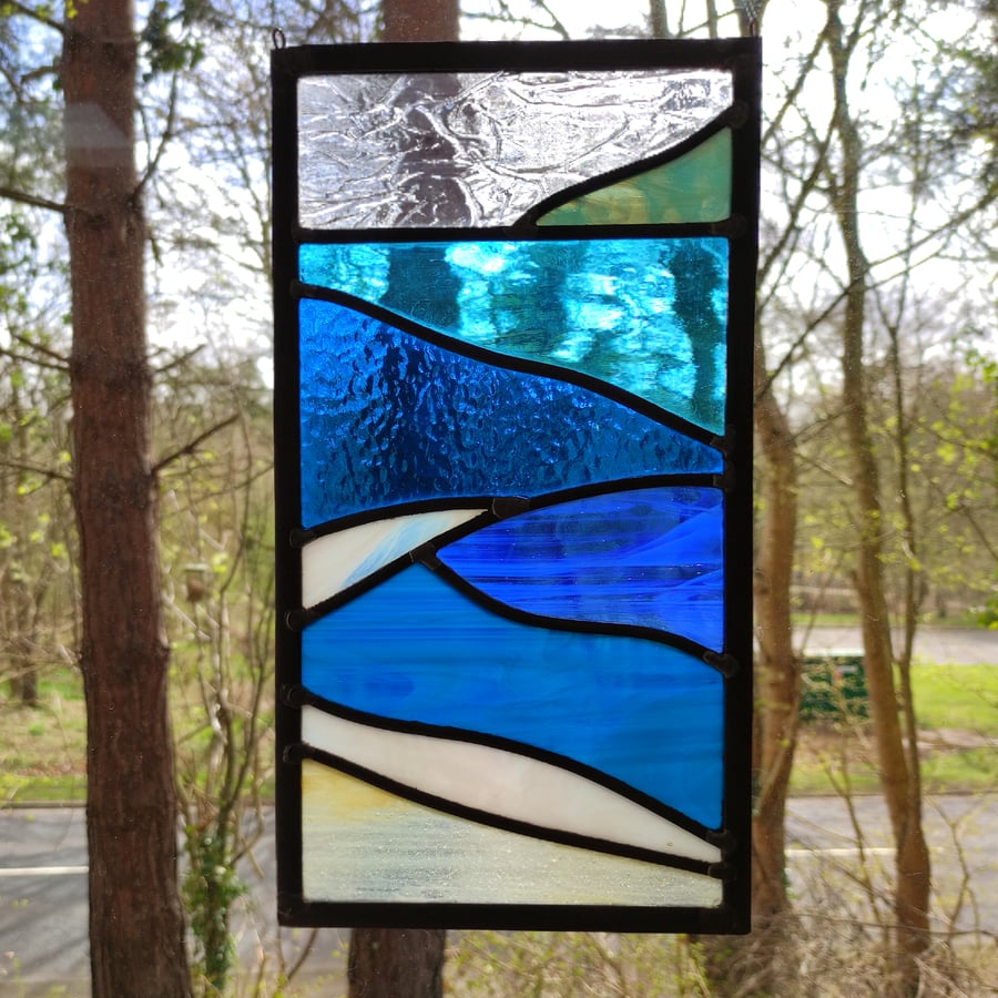 SOLD Beach scene seascape stained glass leaded panel.